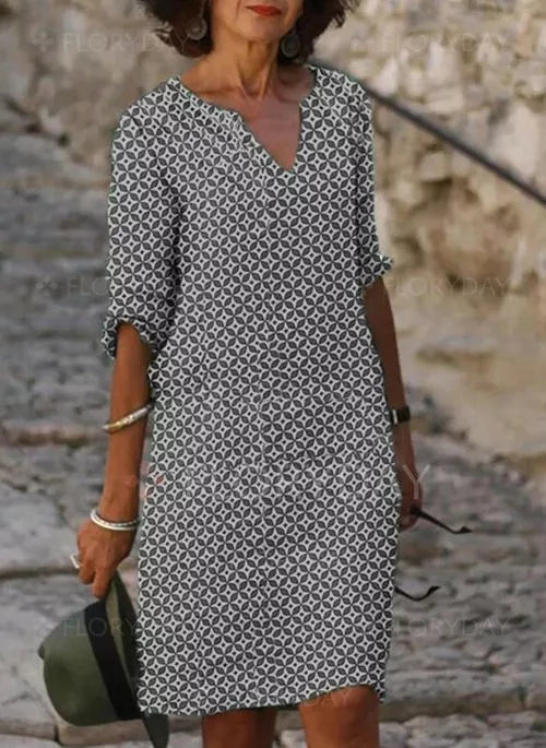 Robe Midi Femme avec Décolleté en V et Manches Trois Quarts Imprimé Géométrique