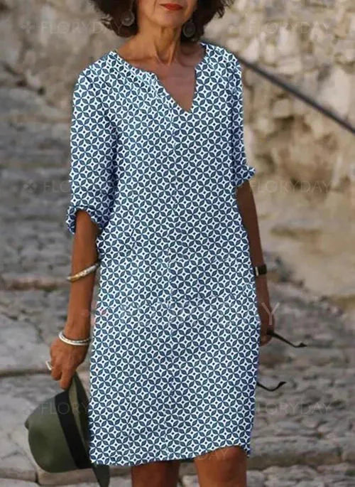 Robe Midi Femme avec Décolleté en V et Manches Trois Quarts Imprimé Géométrique