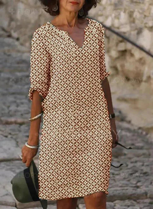 Robe Midi Femme avec Décolleté en V et Manches Trois Quarts Imprimé Géométrique