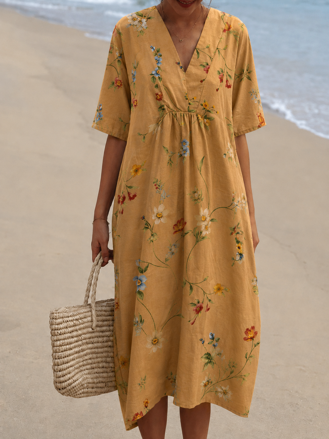 Robe Midi Femme avec Décolleté en V et Manches Courtes à Imprimé Floral