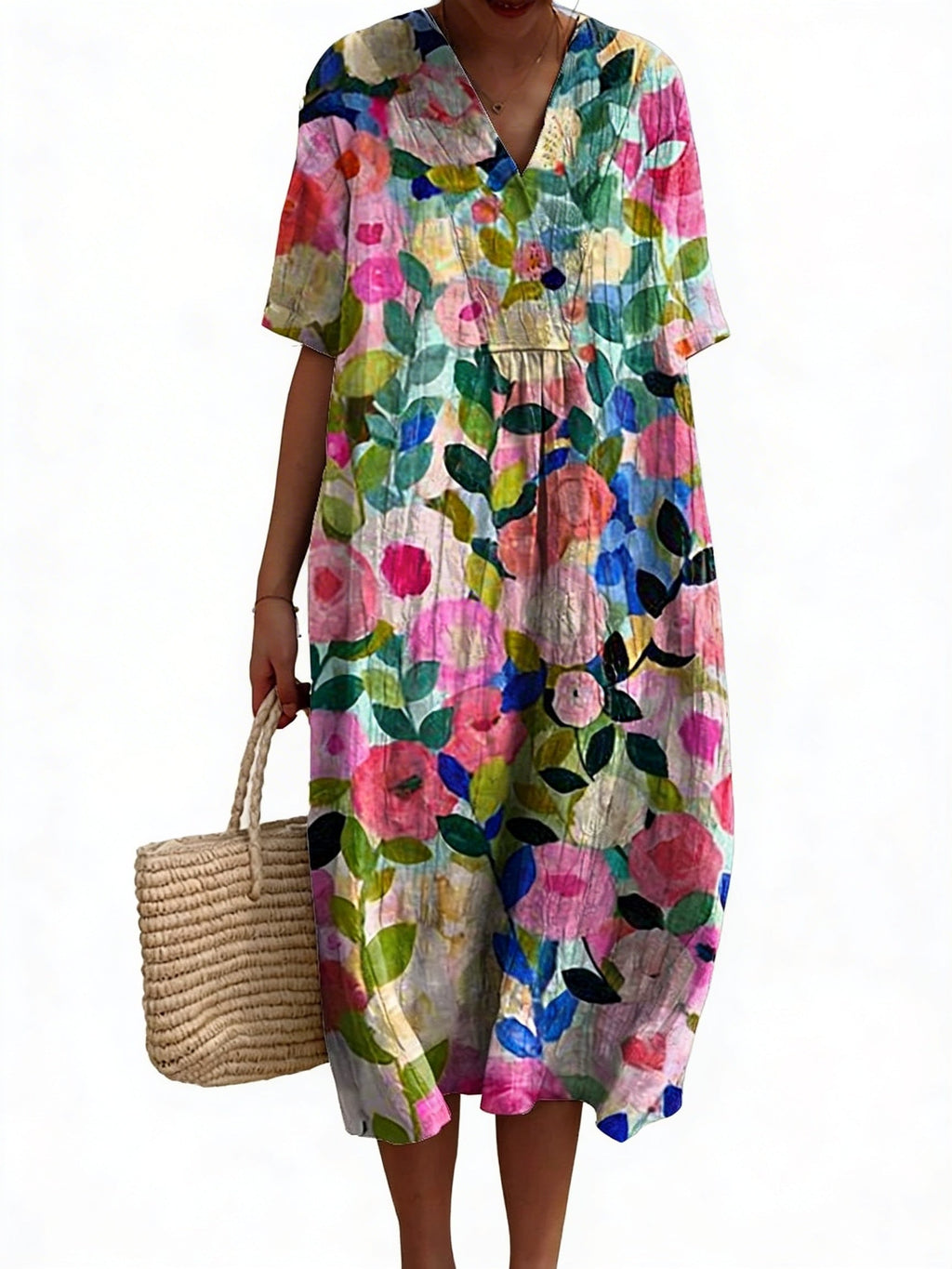 Robe Midi Femme avec Décolleté en V et Manches Courtes à Imprimé Floral