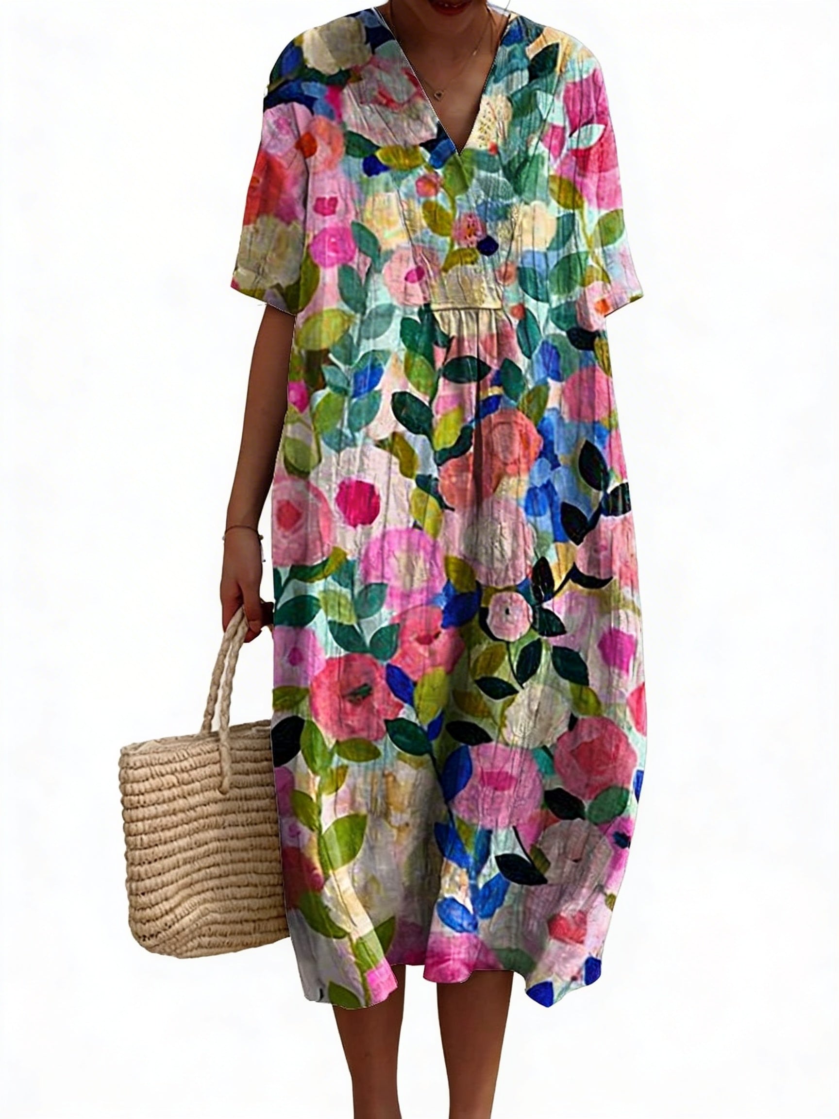 Robe Midi Femme avec Décolleté en V et Manches Courtes à Imprimé Floral