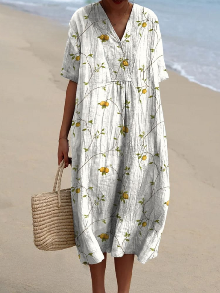Robe Midi Femme avec Décolleté en V et Manches Courtes à Imprimé Floral