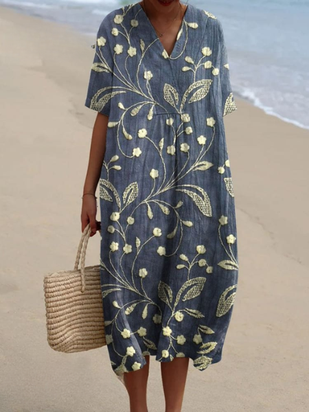 Robe Midi Femme avec Décolleté en V et Manches Courtes à Imprimé Floral