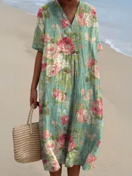 Robe Midi Femme avec Décolleté en V et Manches Courtes à Imprimé Floral
