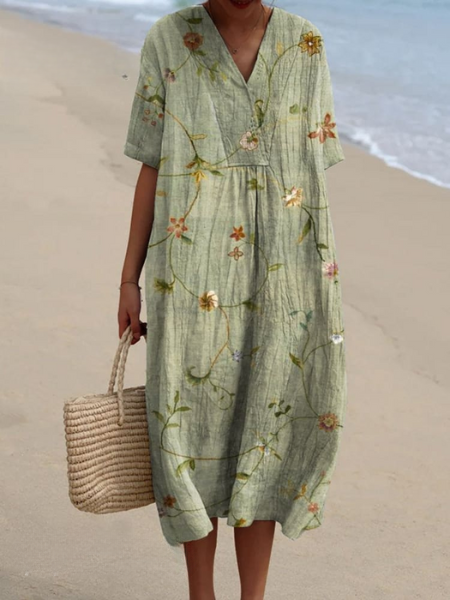 Robe Midi Femme avec Décolleté en V et Manches Courtes à Imprimé Floral