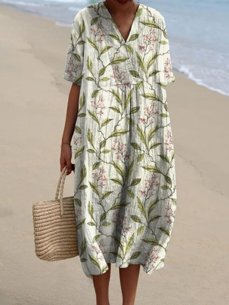 Robe Midi Femme avec Décolleté en V et Manches Courtes à Imprimé Floral