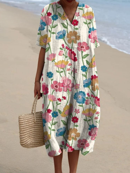 Robe Midi Femme avec Décolleté en V et Manches Courtes à Imprimé Floral