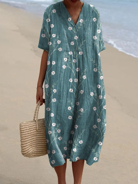 Robe Midi Femme avec Décolleté en V et Manches Courtes à Imprimé Floral