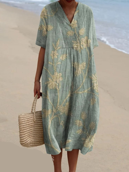 Robe Midi Femme avec Décolleté en V et Manches Courtes à Imprimé Floral