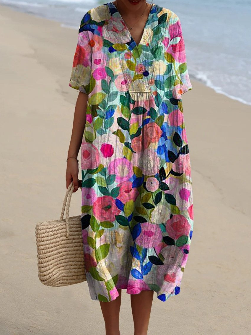 Robe Midi Femme avec Décolleté en V et Manches Courtes à Imprimé Floral