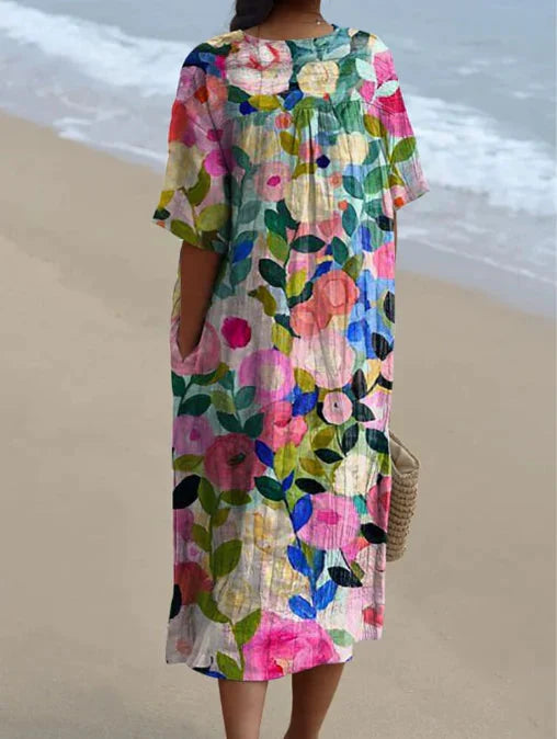 Robe Midi Femme avec Décolleté en V et Manches Courtes à Imprimé Floral