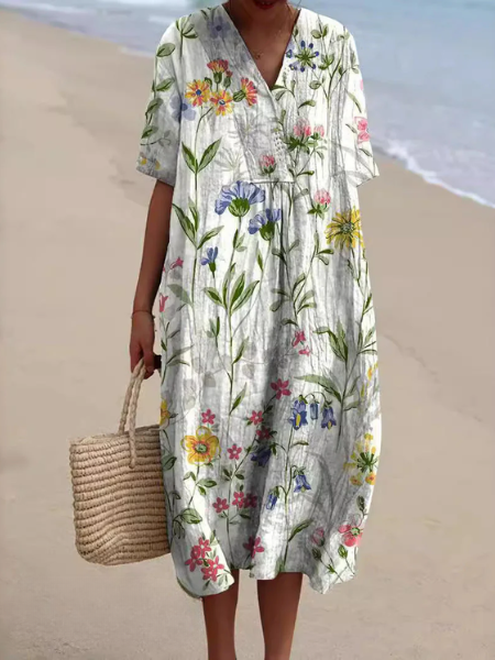 Robe Midi Femme avec Décolleté en V et Manches Courtes à Imprimé Floral