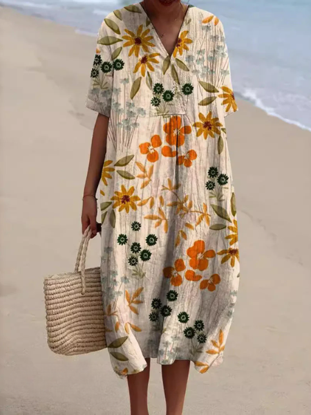 Robe Midi Femme avec Décolleté en V et Manches Courtes à Imprimé Floral
