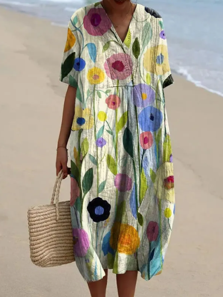 Robe Midi Femme avec Décolleté en V et Manches Courtes à Imprimé Floral