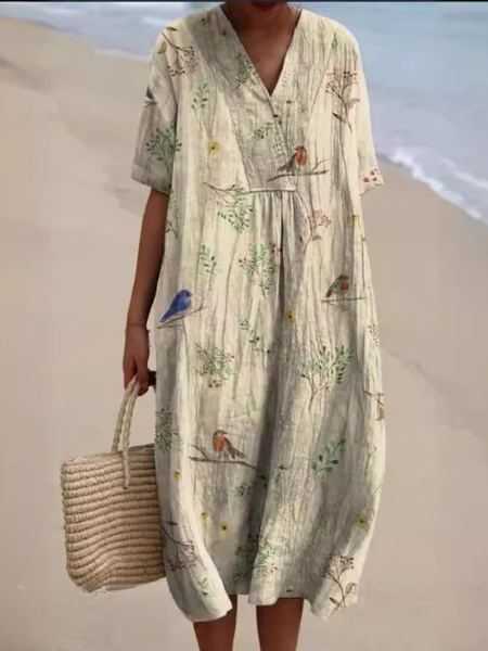 Robe Midi Femme avec Décolleté en V et Manches Courtes à Imprimé Floral