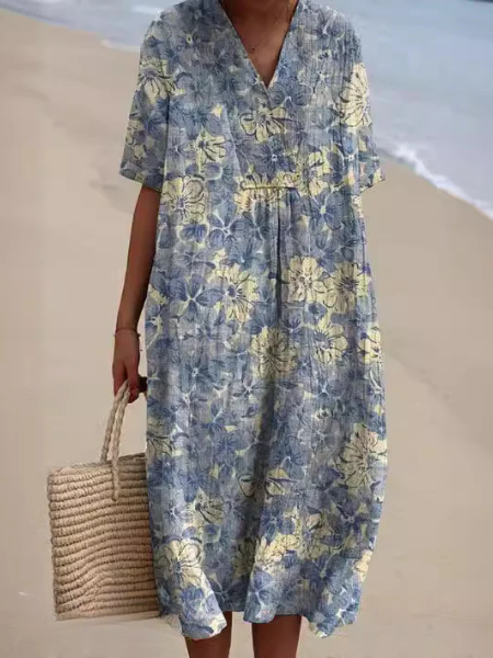 Robe Midi Femme avec Décolleté en V et Manches Courtes à Imprimé Floral