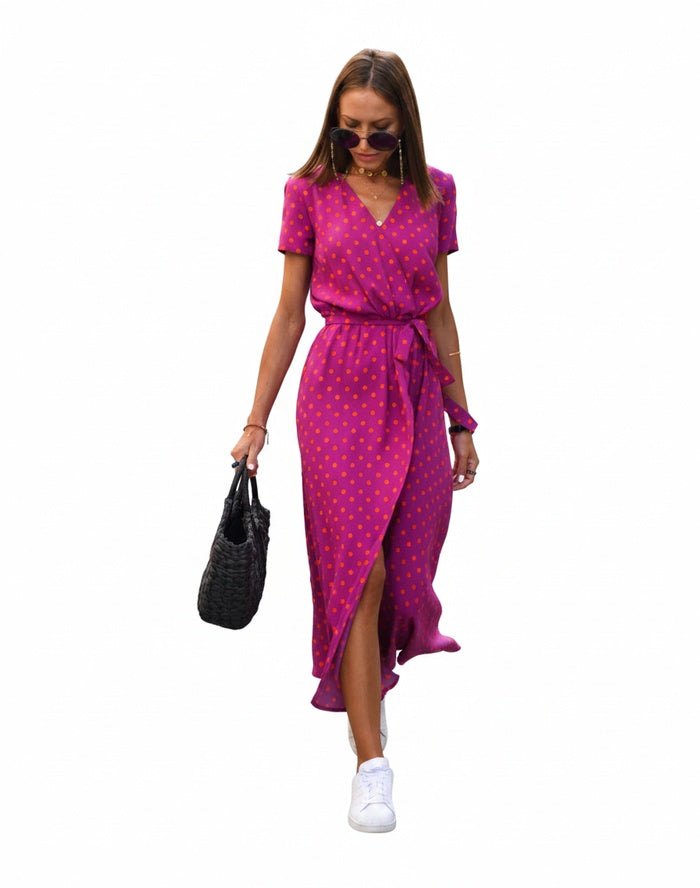 Robe Midi Femme avec Décolleté en V et Style Enveloppant à Manches Courtes avec Imprimé Floral et Pois