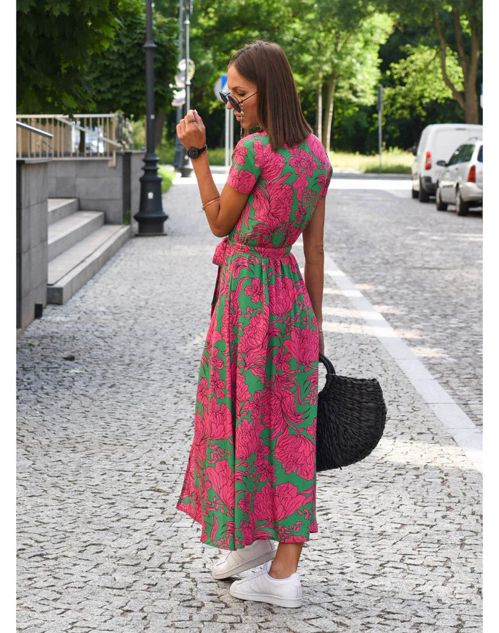 Robe Midi Femme avec Décolleté en V et Style Enveloppant à Manches Courtes avec Imprimé Floral et Pois