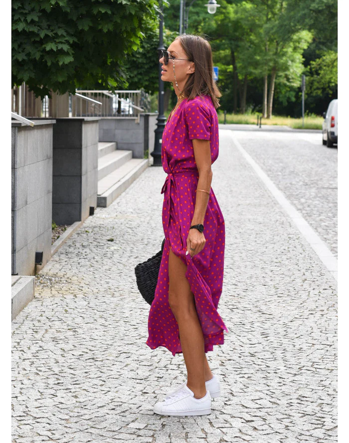 Robe Midi Femme avec Décolleté en V et Style Enveloppant à Manches Courtes avec Imprimé Floral et Pois
