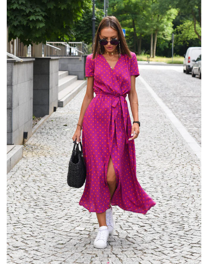 Robe Midi Femme avec Décolleté en V et Style Enveloppant à Manches Courtes avec Imprimé Floral et Pois