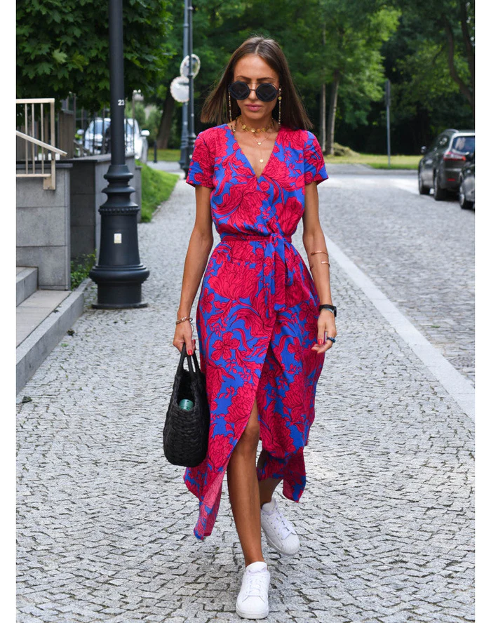 Robe Midi Femme avec Décolleté en V et Style Enveloppant à Manches Courtes avec Imprimé Floral et Pois