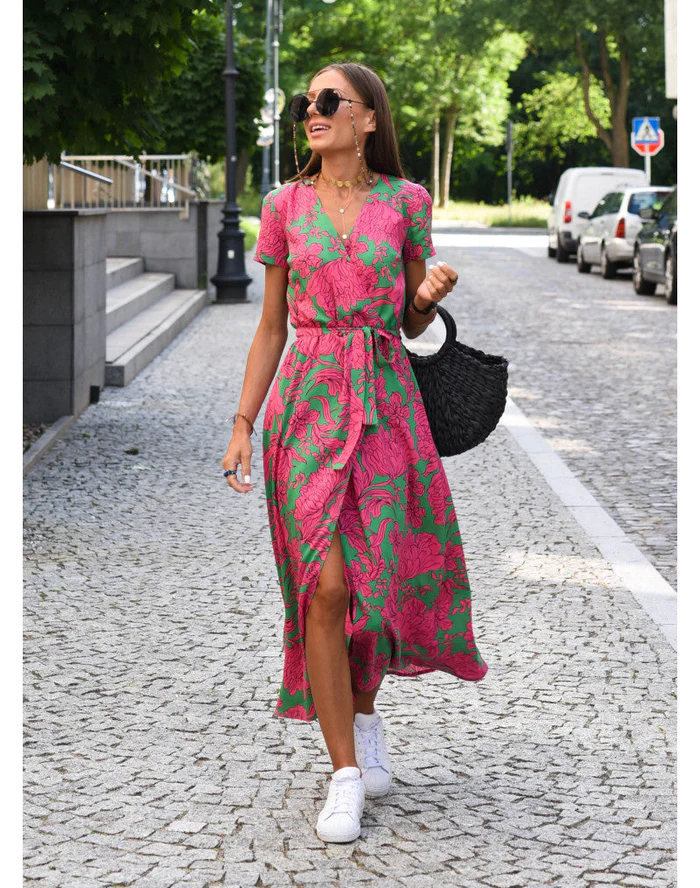 Robe Midi Femme avec Décolleté en V et Style Enveloppant à Manches Courtes avec Imprimé Floral et Pois