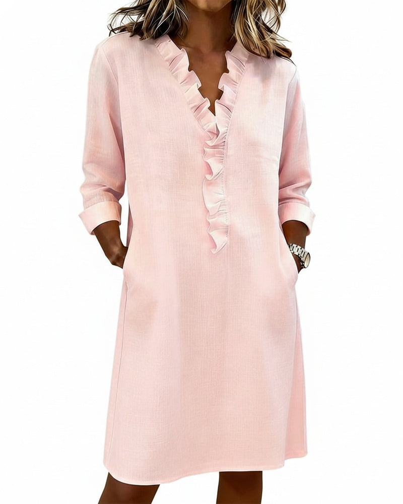Robe Midi Femme avec Décolleté en V, Volants et Coupe Droite