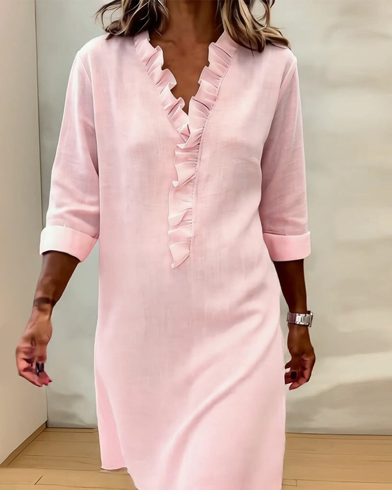 Robe Midi Femme avec Décolleté en V, Volants et Coupe Droite