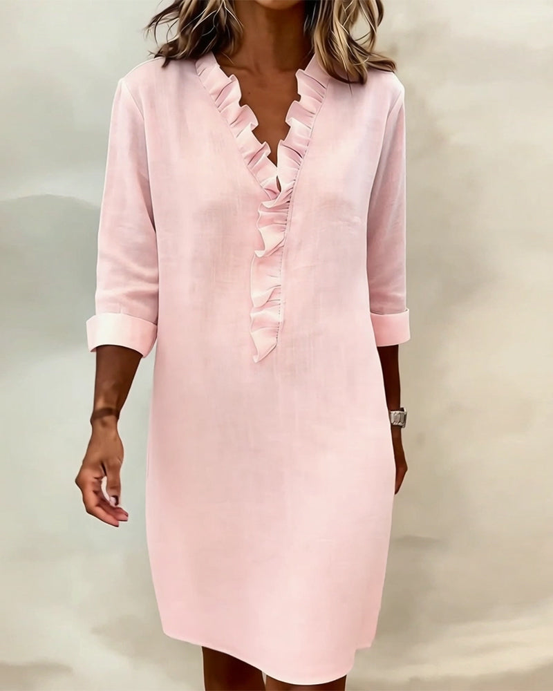 Robe Midi Femme avec Décolleté en V, Volants et Coupe Droite