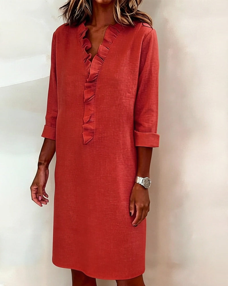 Robe Midi Femme avec Décolleté en V, Volants et Coupe Droite