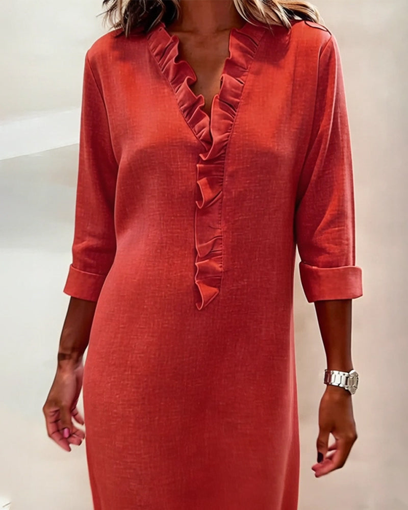 Robe Midi Femme avec Décolleté en V, Volants et Coupe Droite