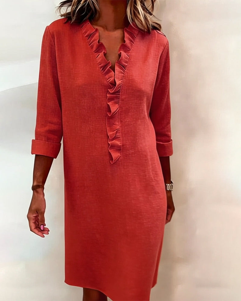 Robe Midi Femme avec Décolleté en V, Volants et Coupe Droite
