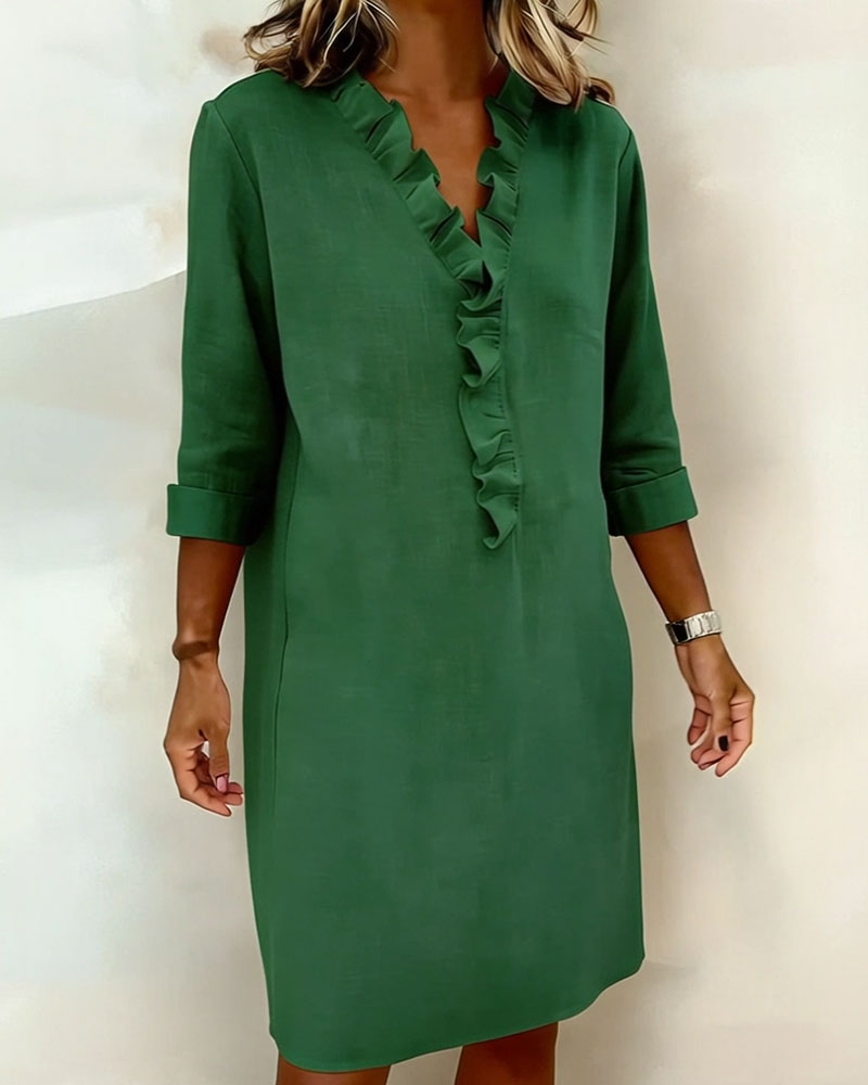 Robe Midi Femme avec Décolleté en V, Volants et Coupe Droite
