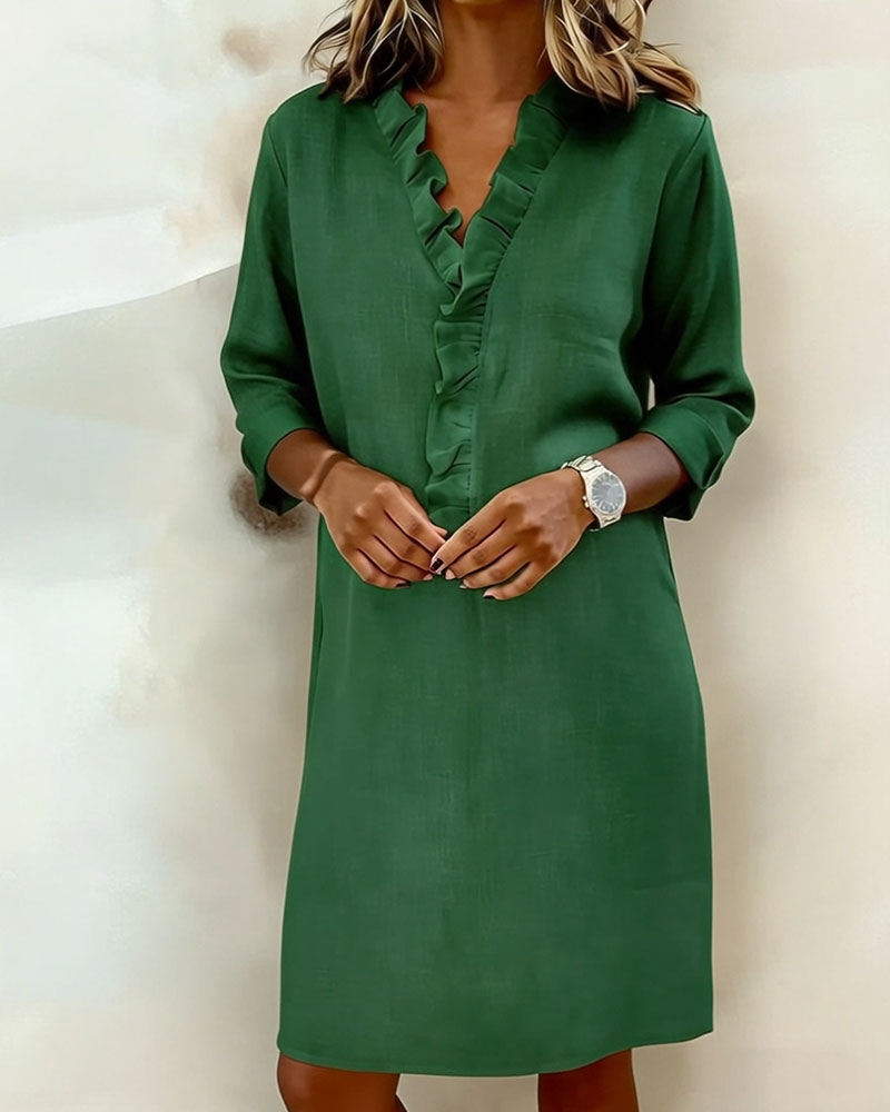 Robe Midi Femme avec Décolleté en V, Volants et Coupe Droite