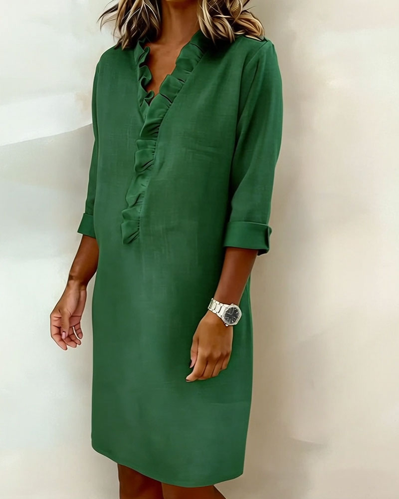Robe Midi Femme avec Décolleté en V, Volants et Coupe Droite