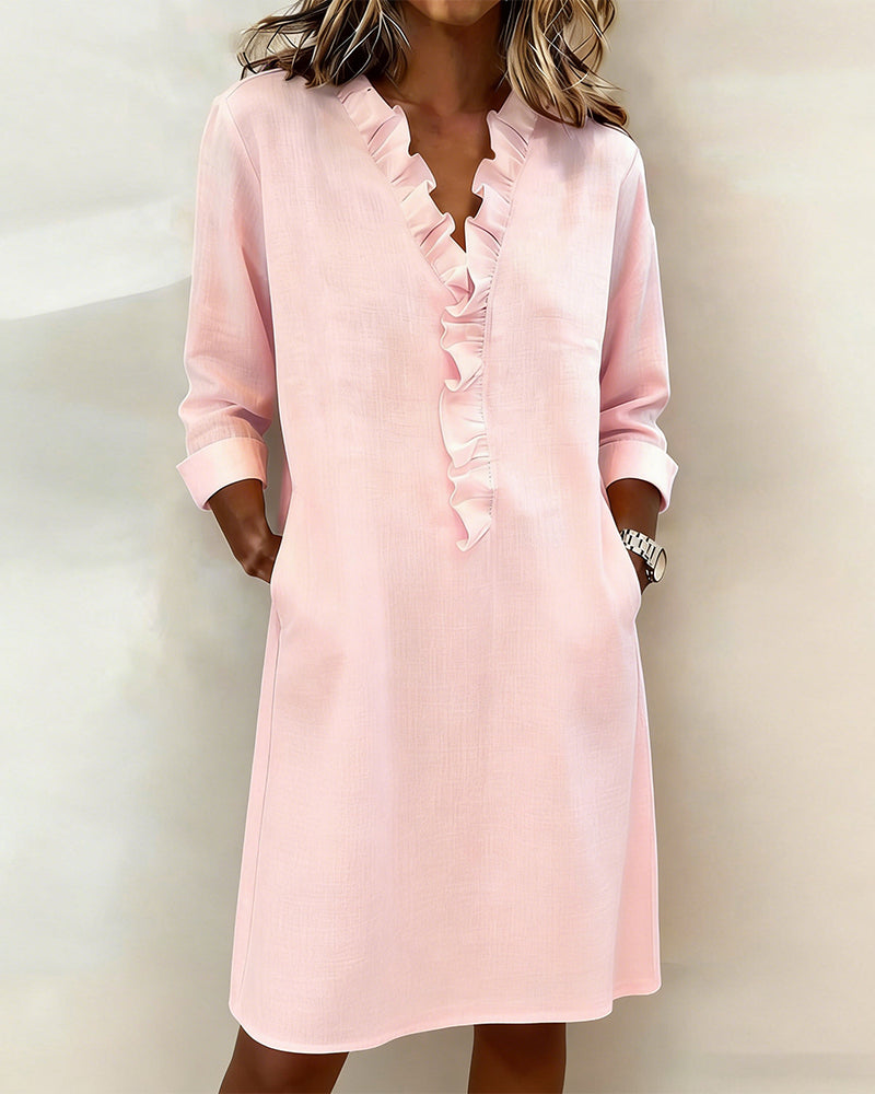 Robe Midi Femme avec Décolleté en V, Volants et Coupe Droite