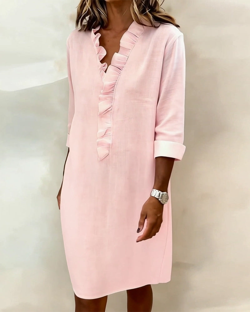 Robe Midi Femme avec Décolleté en V, Volants et Coupe Droite