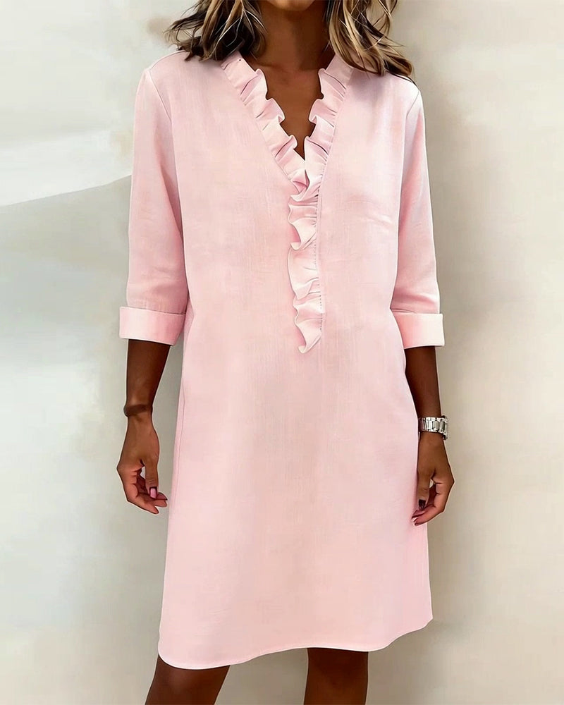 Robe Midi Femme avec Décolleté en V, Volants et Coupe Droite