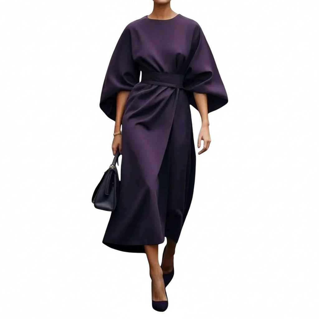Robe Midi Femme avec Manches Chauve-Souris et Ceinture