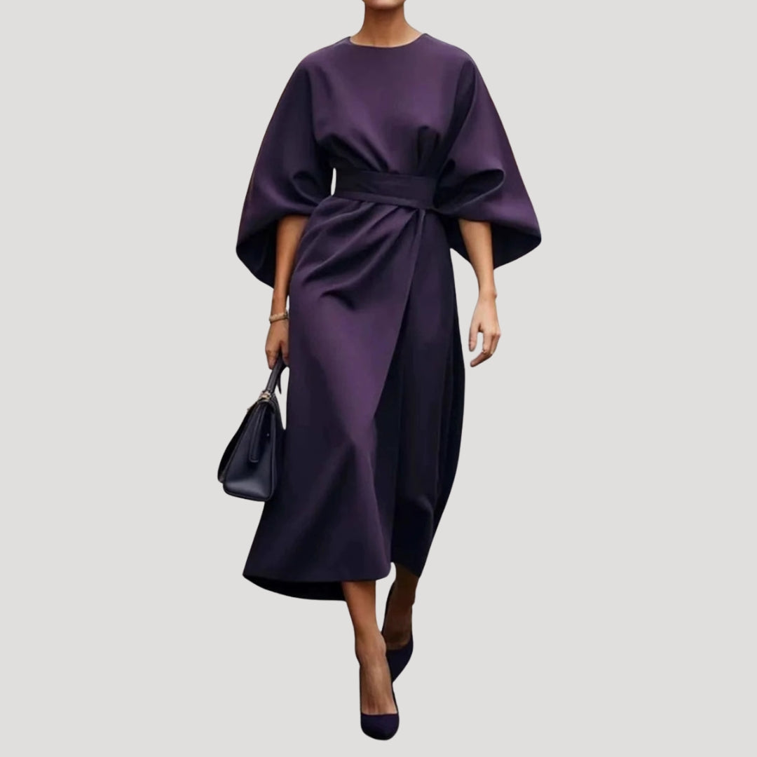 Robe Midi Femme avec Manches Chauve-Souris et Ceinture