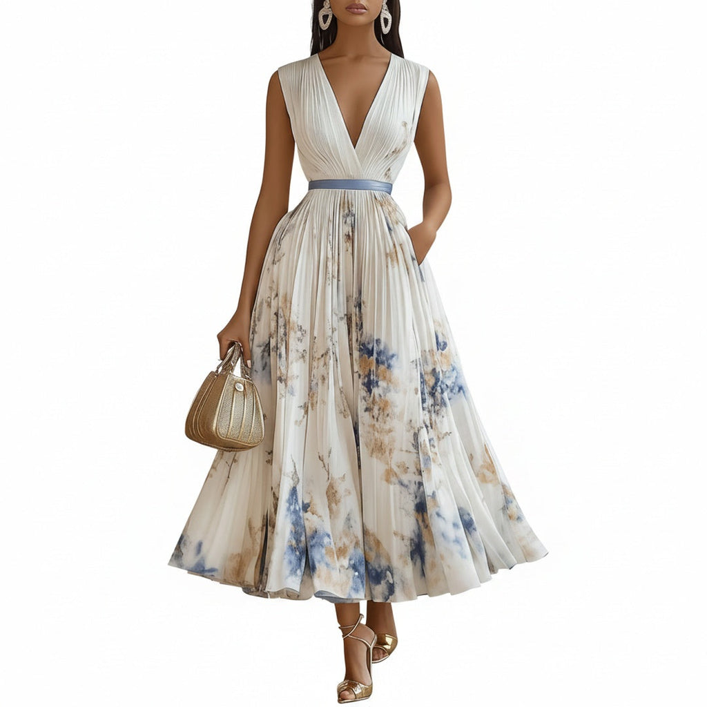 Robe Midi Femme Sans Manches avec Décolleté en V Profond et Jupe A-ligne Plissée avec Imprimé Floral