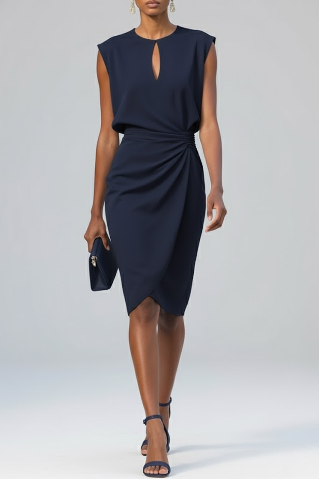 Robe Midi Femme Sans Manches avec Décolleté Keyhole et Détail Plissé