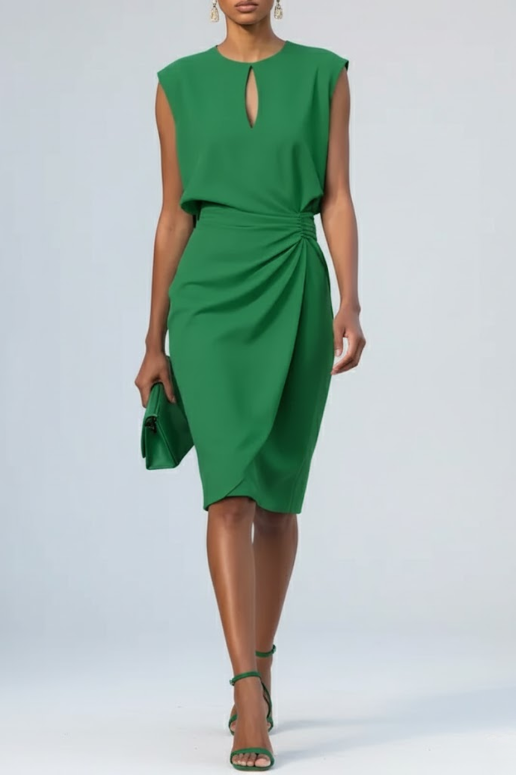 Robe Midi Femme Sans Manches avec Décolleté Keyhole et Détail Plissé