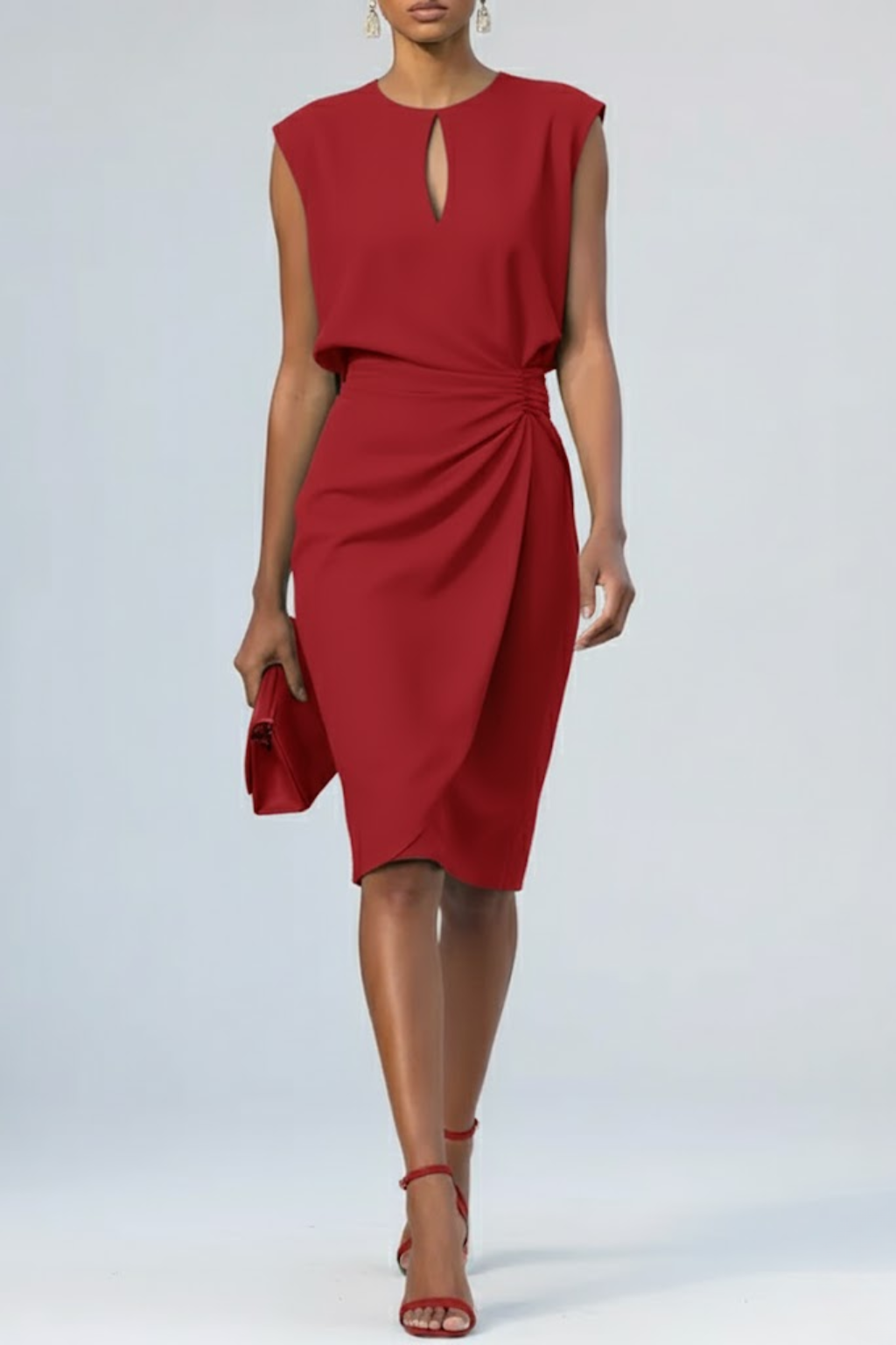 Robe Midi Femme Sans Manches avec Décolleté Keyhole et Détail Plissé