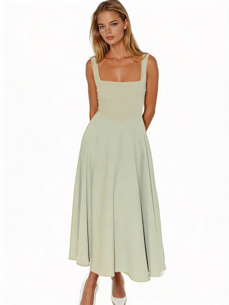 Robe Midi Femme Sans Manches avec Décolleté Carré et Silhouette A-ligne