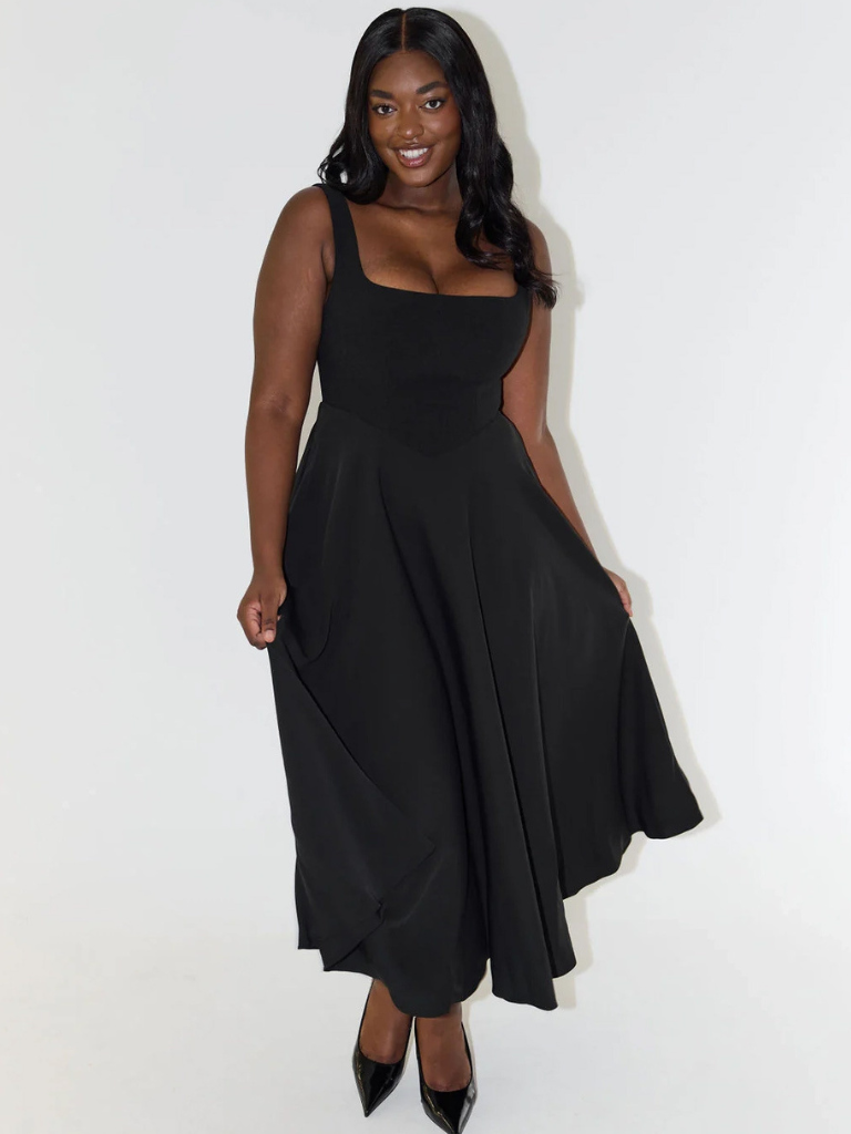 Robe Midi Femme Sans Manches avec Décolleté Carré et Silhouette A-ligne