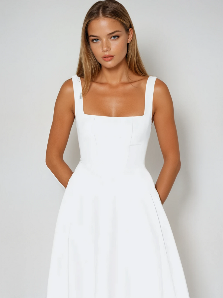 Robe Midi Femme Sans Manches avec Décolleté Carré et Silhouette A-ligne