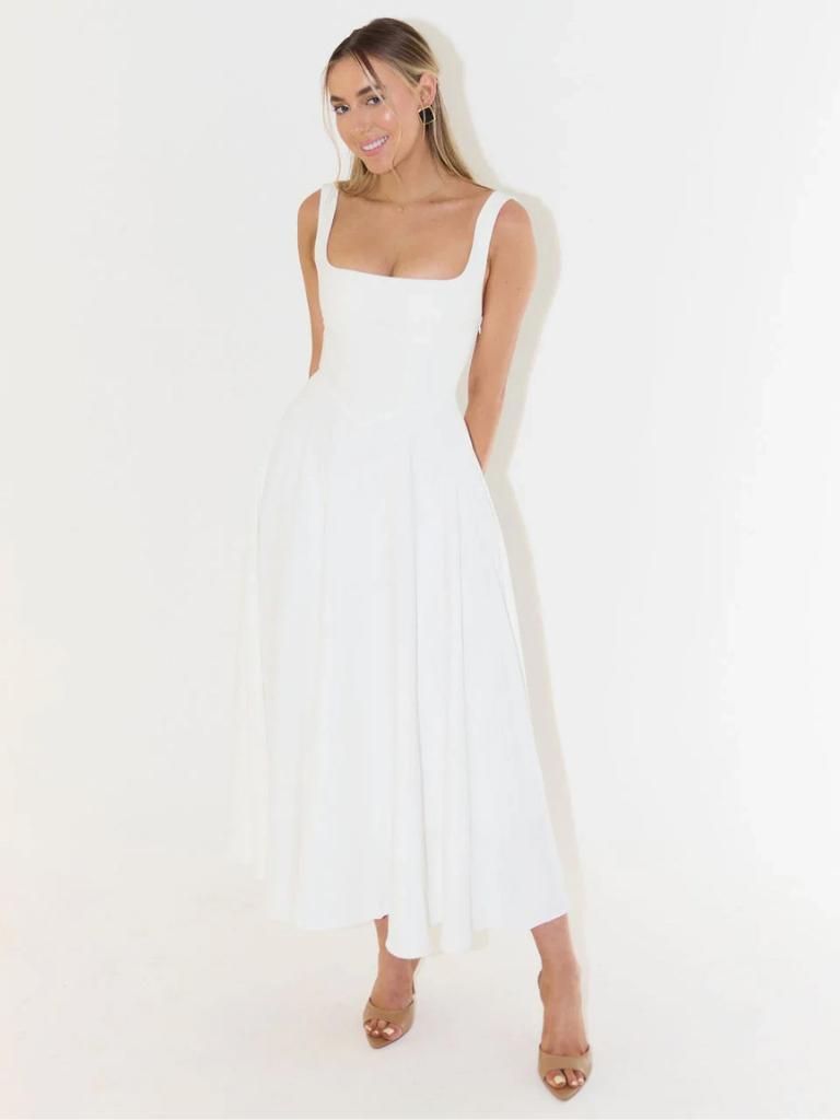 Robe Midi Femme Sans Manches avec Décolleté Carré et Silhouette A-ligne
