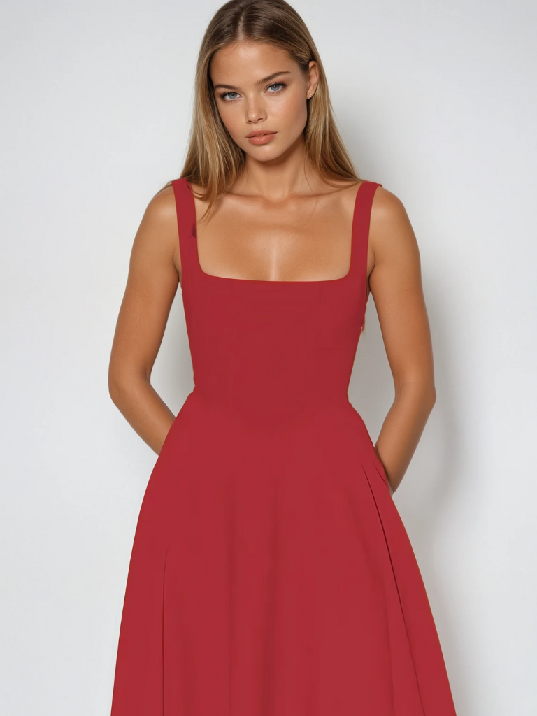 Robe Midi Femme Sans Manches avec Décolleté Carré et Silhouette A-ligne